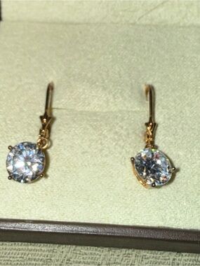 Gold-Tone Stamped 925 CZ Crystal Drop Hook Earrings - Sparkling Clear Stones
